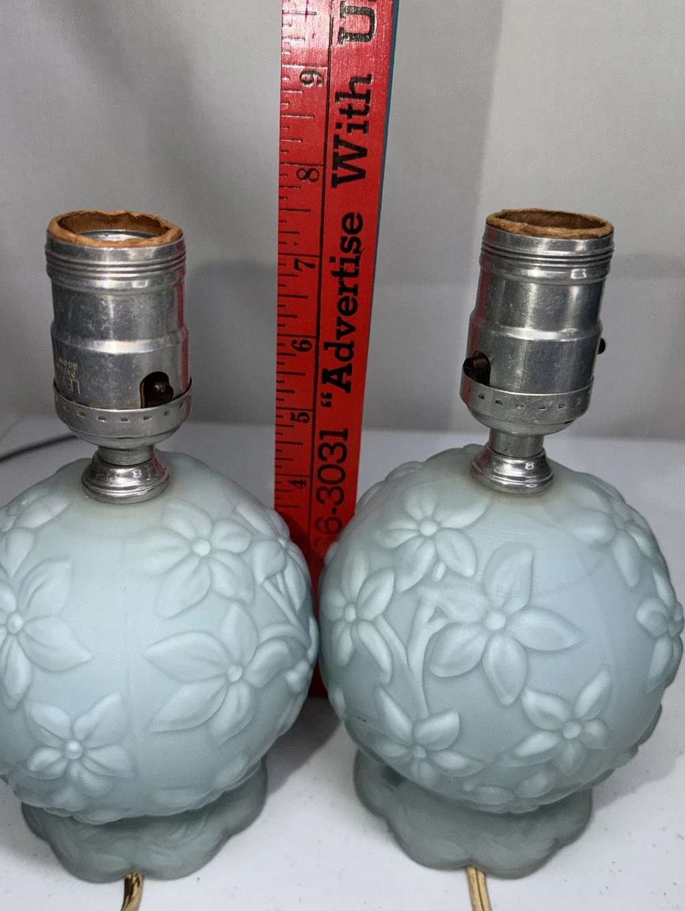 2 Vintage Satin Blue Glass Floral Globe Table Lamp Frosted Cottage Shabby Chic
